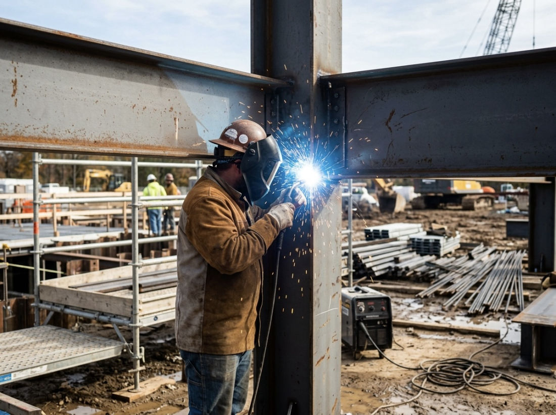 Welder joining structural steel beams on a commercial construction frame