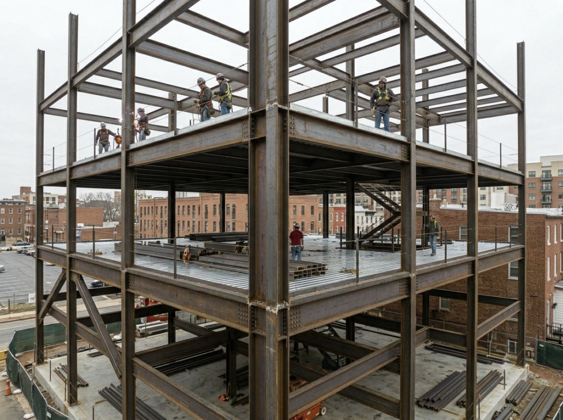 Structural steel frame welded for a commercial building in Maryland